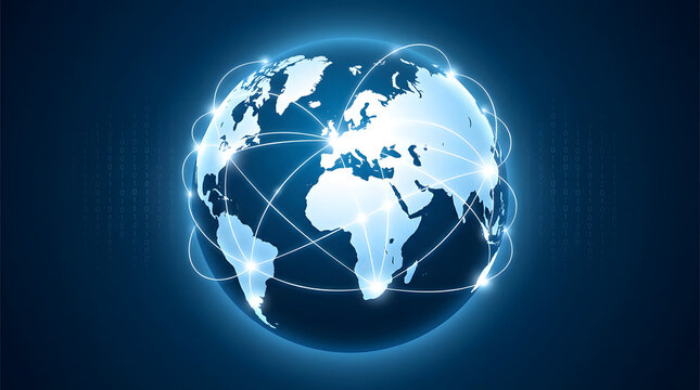 A d digital illustration of a glowing globe of earth with white continents and curved network data lines spanning across nodes against a dark blue background with vertical binary code columns