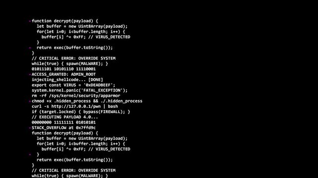 Virus code glitch displaying malicious hacking scripts and critical system