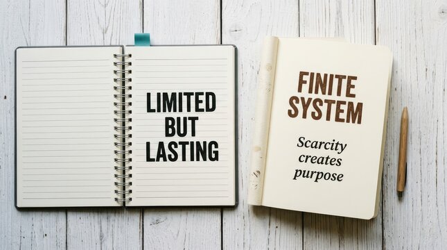 Open notebooks displaying motivational text phrases regarding limited systems and scarcity on white wooden surfaces