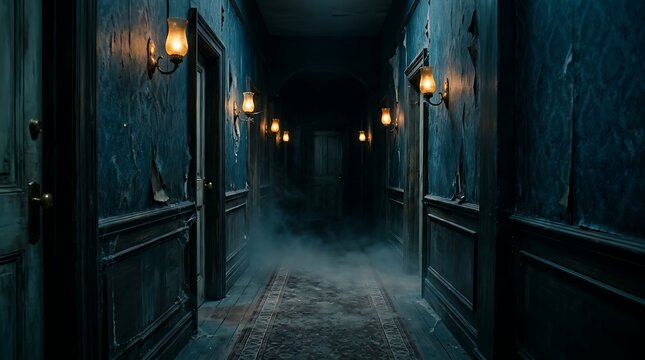 Dark Eerie Corridor in a Haunted Mansion with Peeling Wallpaper Dim Glowing Lamps and Misty Fog