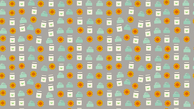 Seamless pattern of sunflowers, seed packets, and grass
