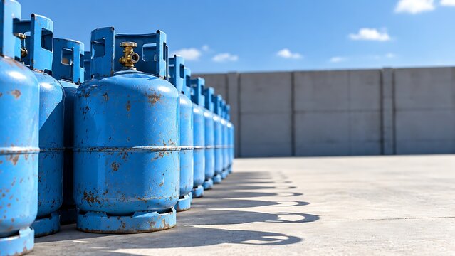Row of bright blue propane gas cylinders lined up outdoors in industrial setting ready for distribution and use for heating and cooking purposes.