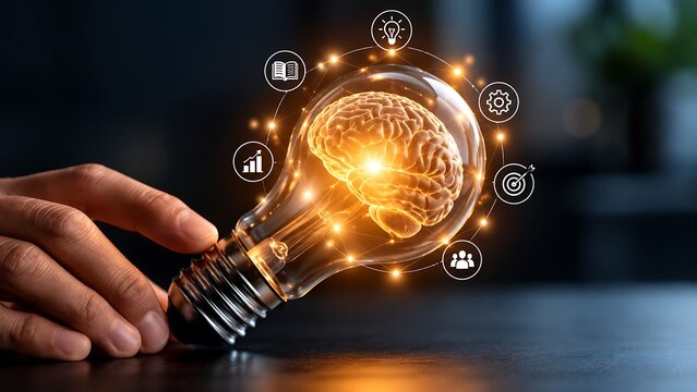 Hand holding glowing light bulb with human brain model inside representing brilliant ideas and intelligence innovation for business development and new strategy.