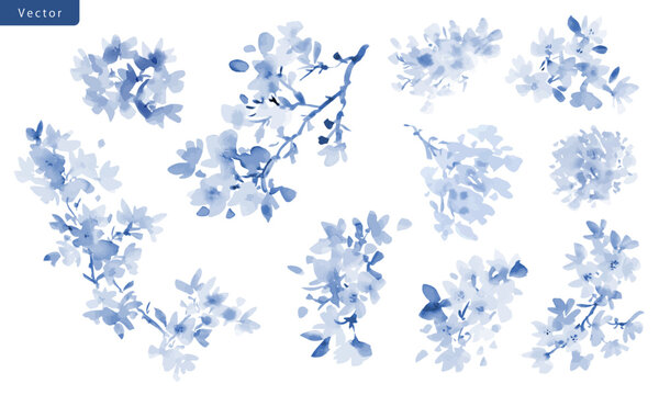 Watercolor Blue Monochrome Cherry Blossom Vector Clipart Set for Wedding Invitations, Stationery, and Greeting Cards. Sakura Illustrations.
