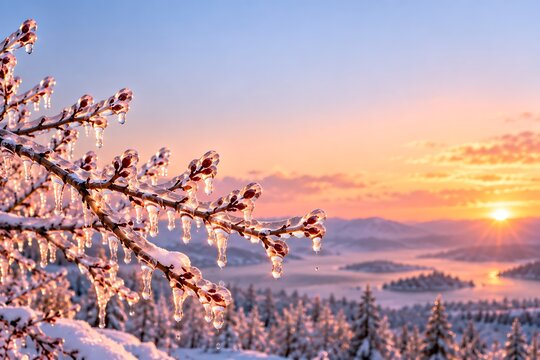 Close up of tree branches covered in ice crystals and icicles glistening in the soft golden light of sunrise over snow-covered mountains.