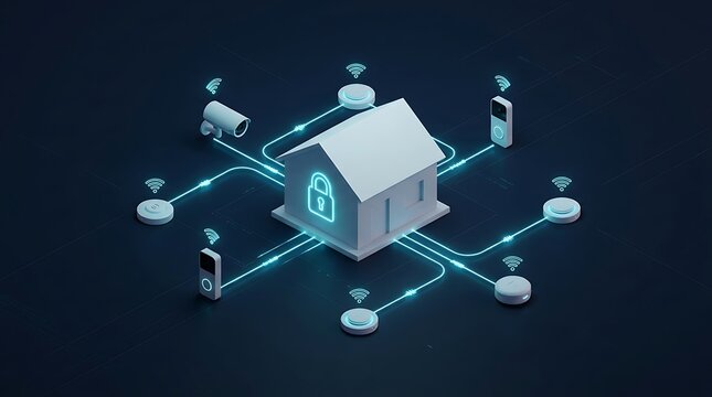Smart Home Security System Isometric 3D Illustration with IoT Connected Devices and Network Protection