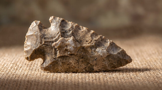 An ancient stone arroe head artifact resting on a textured burlap surface with a close-up macro view