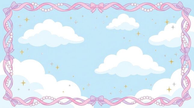 Magical Pink Ribbon Border With Clouds Sky Background Cartoon Design With Sparkles And Pearls For Scrapbooking Or Cards