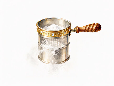 Powdered sugar sifter with fine mesh, watercolor, realistic details, unique creativity, subtle vivid color, isolated on pure white background, no shadows