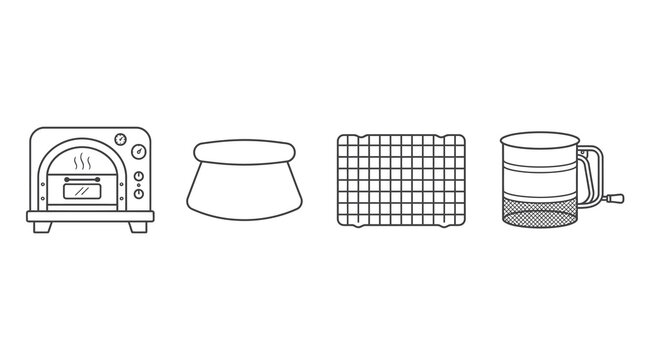 Baking equipment icons set including oven proofing bowl wire cooling rack and flour sifter for pastry kitchen.