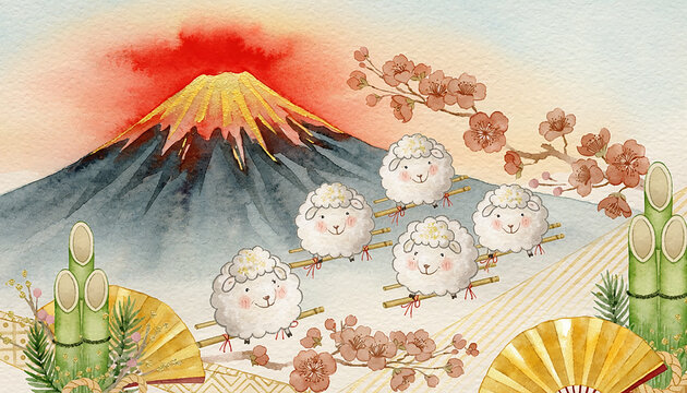 Japanese New Year Illustration with Mount Fuji and Cute Sheep Generative AI