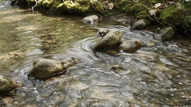 浅い小川の透明な水が固定した石の間を流れる
、自然、環境保全、水資源、リラクゼーションの背景