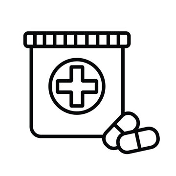 White outline of a pill bottle and two capsules. Simple design, minimal lines, clear icon. Ideal for health, medicine, or pharmacy topics. Use in websites, apps, or educational materArt & Illustration