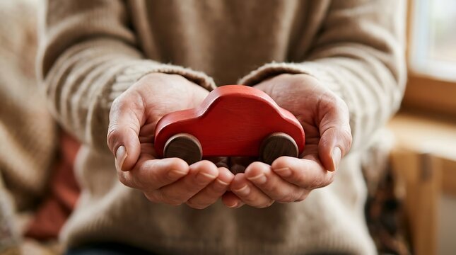 Senior Woman Hands Holding Small Red Wooden Toy Car Representing Car Insurance and Savings Concept
