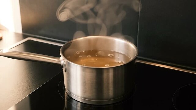 コンロ上のスープが穏やかに煮立ち湯気が立ち続ける、家庭料理、温かい食事、冬の献立、キッチン商品の紹介