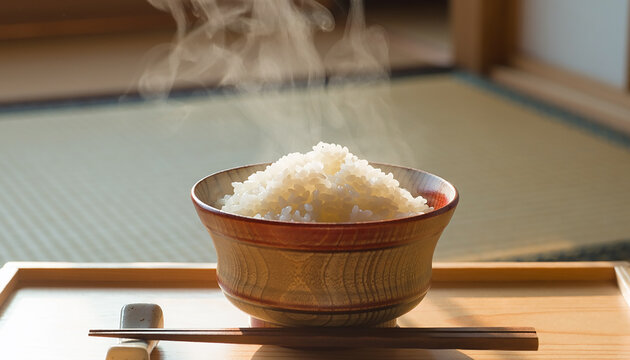 Steaming Bowl of Rice on Tatami Mat Generative AI