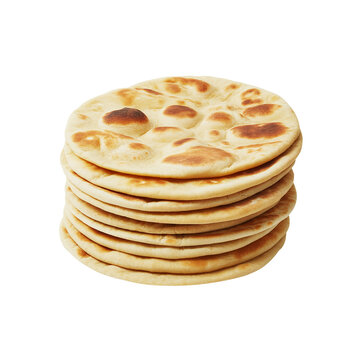 A stack of freshly baked pita bread flatbreads isolated on transparent background