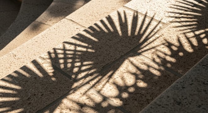 Shadows of palm leaves cast on stone stairs creating a textured pattern in sunlight and shade outdoors