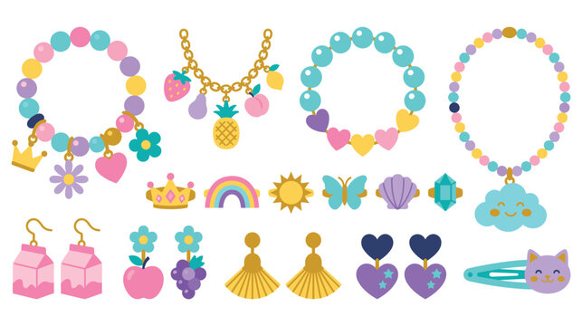 Cute pastel children jewelry and accessory set featuring necklaces rings and earrings.