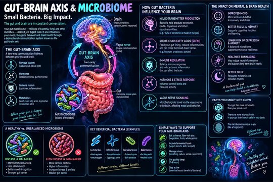 Gut-brain axis microbiome educational infographic diagram, medical human gut bacteria and brain connection illustration poster, glowing neon biology digestive system microflora health chart
