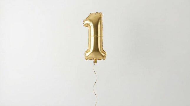 A gold number one balloon is floating with a ribbon, meant for a celebration of an anniversary or special event, suitable for parties.