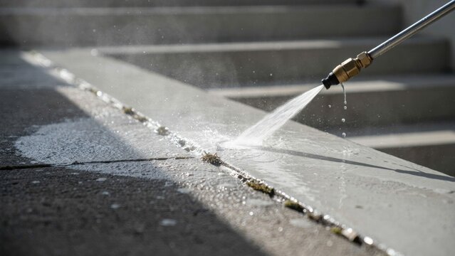 Pressure washer stream focuses on removing weeds and dirt from between concrete steps outdoors.