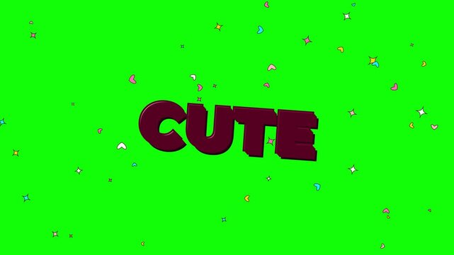 Animated 3d text reading cute with falling colorful stars on a bright green screen background for digital creative projects