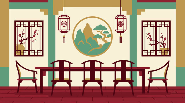 Traditional chinese dining room interior with table and chairs