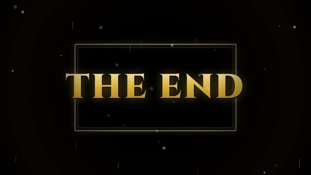 Golden text the end appearing inside glowing rectangular frames on a dark background with floating particles in the air with closing