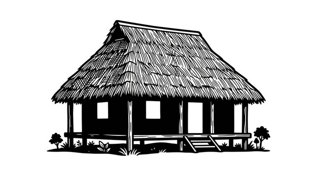 Hand drawn illustration of a traditional thatched roof hut in black and white.