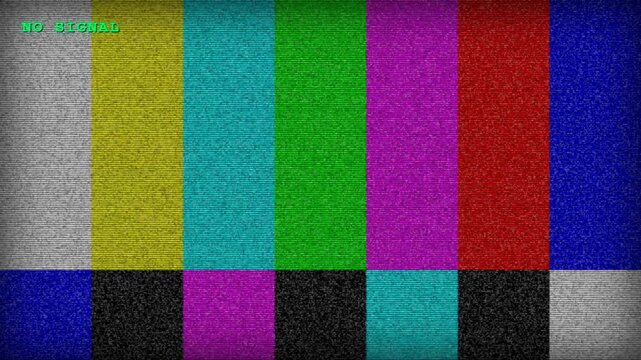 Analog television color bars test pattern with static noise and text