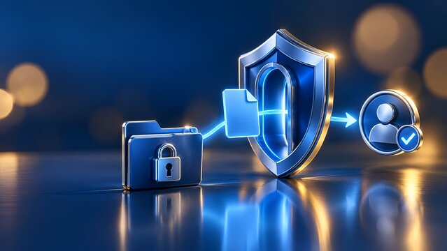 Locked Digital Folder Transferring Document Through Blue Shield to Verified User Profile Symbolizing Secure Information Exchange