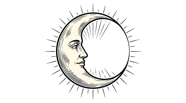 Antique Style Crescent Moon Face with Sunburst Rays Bohemian Tarot Astrology Design Illustration