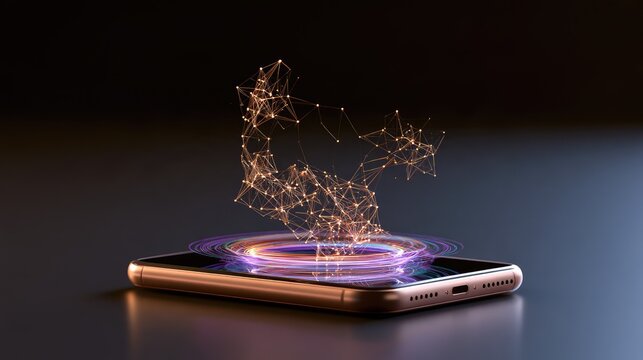 Conceptual representation of digital innovation with glowing connections emerging from a smartphone on dark background