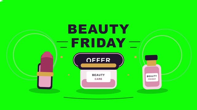 Beauty friday promotional animation featuring cosmetics skincare products and lipstick on bright green motion graphic vector footage