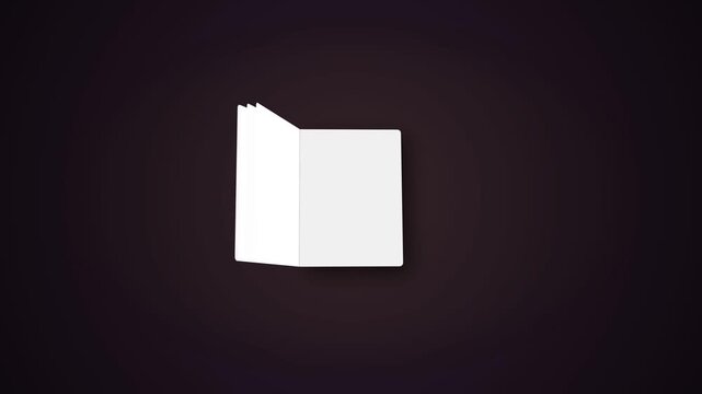 White book opening and turning blank pages on minimalist dark purple studio background
