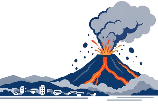火山が大規模噴火する街と溶岩流、噴煙や噴石が広がる自然災害のイラスト｜火山・噴火・溶岩・防災・住宅