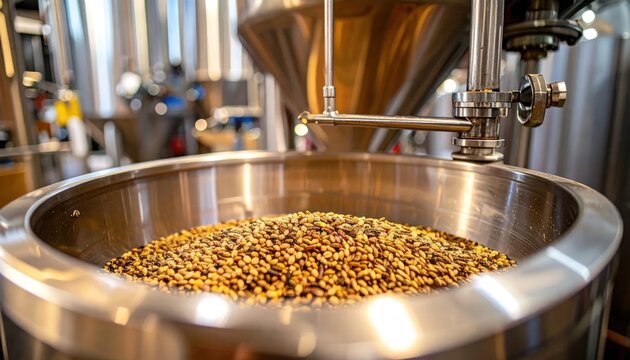 Close-up view of malted barley grains inside a stainless steel fermentation vessel at a brewery, showcasing the brewing process.
