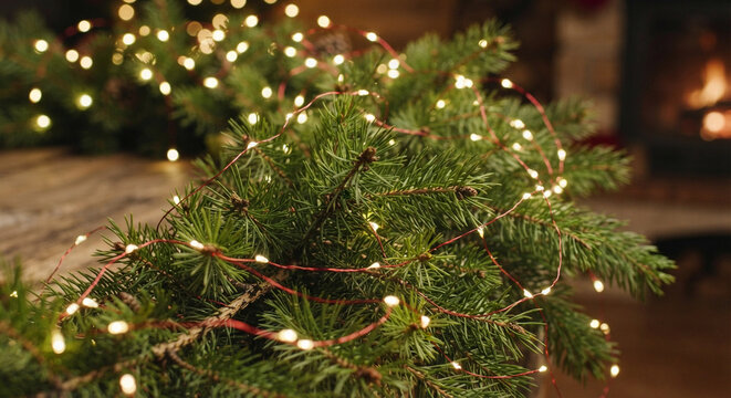 Decorated evergreen tree branch with string lights in cozy indoor