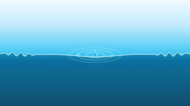 Minimalist 2D vector animation of blue water wave motion with liquid splash and ripple effects