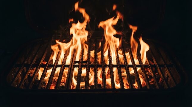 Grill Fire with Burning Flames and Charcoal Bars.