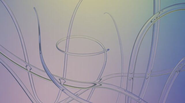 Abstract transparent glass tubes curving against soft gradient background for modern graphic design
