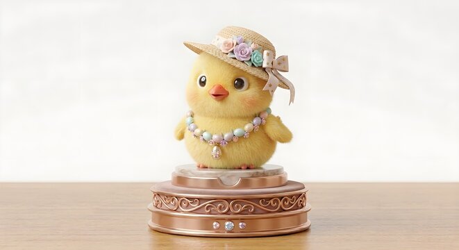 Cute fluffy yellow chick wearing floral straw hat and necklace on ornate pedestal, Easter spring concept, isolated on white background