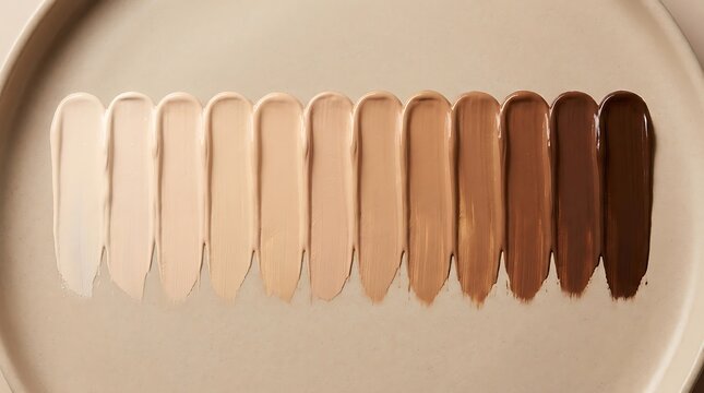 Various shades of liquid foundation makeup swatches on a beige plate. skintone palette