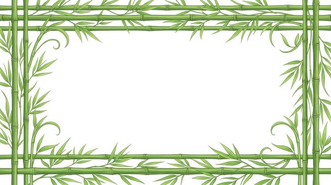 A bamboo frame with green leaves and white background.