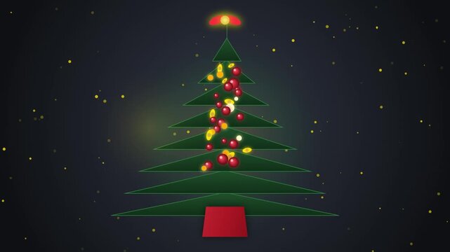 Minimalist Animated Christmas Tree with Glowing Red Baubles and Falling Golden Sparkles on Dark Background