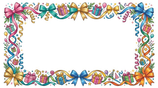 A colorful, festive border with ribbons, balloons, and gift boxes. The border features a mix of bright colors and patterns, creating a cheerful and festive atmosphere. 