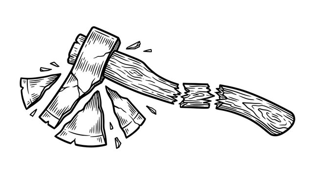Vintage Hand Drawn Illustration of a Broken Axe with Shattered Wooden Handle and Metal Blade Head