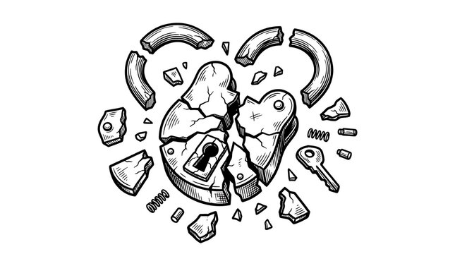Broken heart-shaped padlock with key and shattered fragments, black and white line art illustration