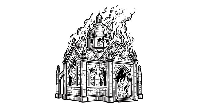 Gothic Cathedral on Fire Illustration, Burning Old Church with Flames and Smoke in Engraving Style
